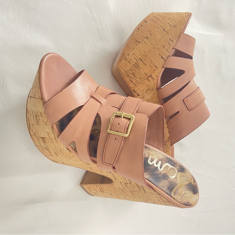 Sam Edelman Blush Leather Cork Wedge Slides with Buckle